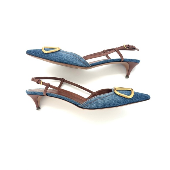 Valentino Garavani VLogo Blue Denim Pointed Toe Slingback Kitten Heel Pumps 37.5 - Picture 6 of 10